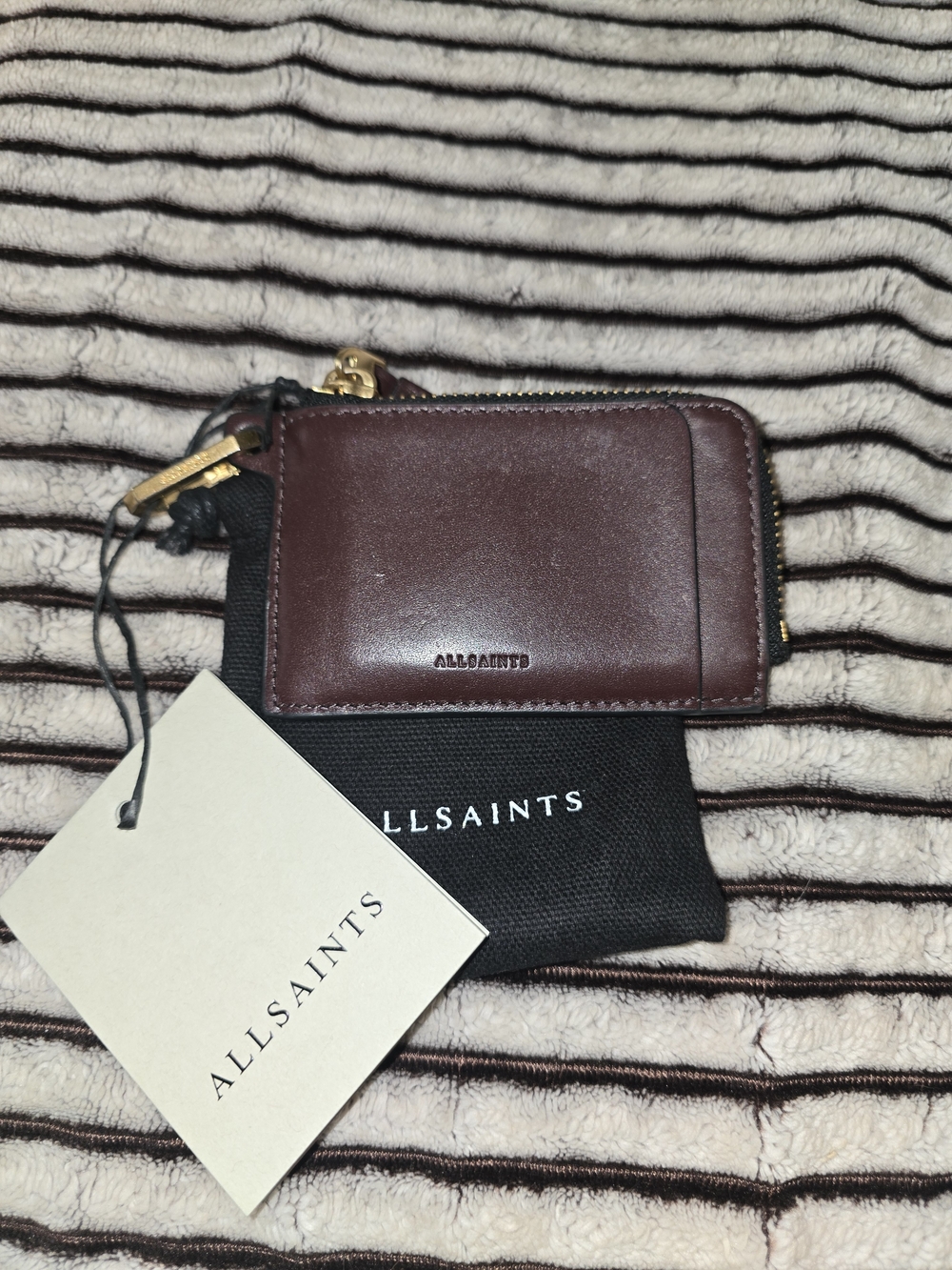 All Saints Oxblood/Burgundy Leather Zip Card Wallet With Gold Hardware